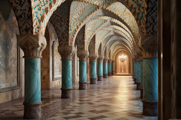 Aufkleber - An architectural photograph of an underground passage with stunning architectural features, such as arches, pillars,  Generative AI technology.