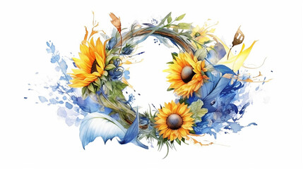 sunflowers watercolor wreath frame on white background. generative ai