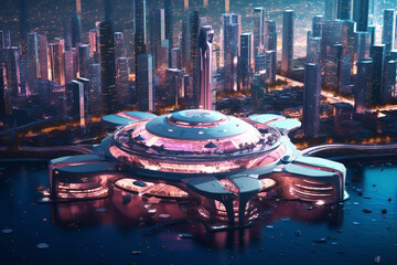 Poster - A digital art concept piece showcasing futuristic technology and architecture, envisioning a world where advanced technologies and design intersect.  Generative AI technology.