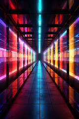 Poster - An architectural photograph of a tunnel with glass panels embedded with colored lights, creating a captivating play of reflections and hues.  Generative AI technology.