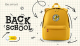 Fototapeta  - Back to School web template. Yellow school bag, checkered paper background with doodle drawing