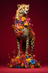 Poster - A conceptual image of a Cheetah made from unconventional materials, such as flowers or feathers, challenging the perception of Cheetah as solely utilitarian objects.  Generative AI technology.