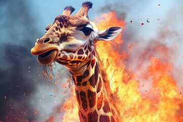 Poster - A digital illustration of a Giraffe engulfed in flames, symbolizing destruction, chaos, or revolution.  Generative AI technology.