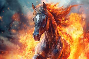 Poster - A digital illustration of a Horse engulfed in flames, symbolizing destruction, chaos, or revolution.  Generative AI technology.