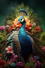 Poster - A conceptual image of a Peacock made from unconventional materials, such as flowers or feathers, challenging the perception of Peacock as solely utilitarian objects.  Generative AI technology.