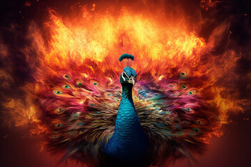 Poster - A digital illustration of a Peacock engulfed in flames, symbolizing destruction, chaos, or revolution.  Generative AI technology.