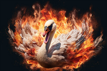 Aufkleber - A digital illustration of a Swan engulfed in flames, symbolizing destruction, chaos, or revolution. Generative AI technology.