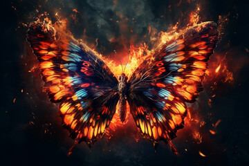Leinwandbilder - A digital illustration of a Butterfly engulfed in flames, symbolizing destruction, chaos, or revolution. Generative AI technology.