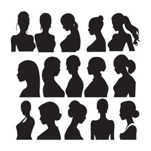  Bundle Of Woman Side Face With Diffrent Hair Styles Silhouette Isolated On White Background Vectors Design Template- Vector Illustrations Set.