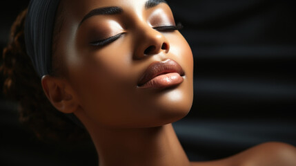 Beautiful african american young woman with closed eyes on black background. Generative AI.