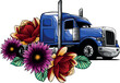 vector illustration of semi truck with flower on white background