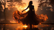 © Keitma - Romantic woman shadow silhouette dancing with wide dress that glow by the forest morning light