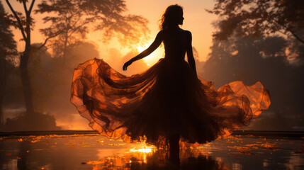 romantic woman shadow silhouette dancing with wide dress that glow by the forest morning light