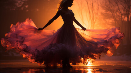 Romantic woman shadow silhouette dancing with wide dress that glow by the forest morning light