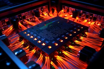 Wall Mural - An overhead image of a network switch with multiple fiber optic cables connected, displaying flashing LED lights, showcasing data communication and networking infrastructure.