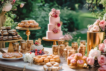 Sticker - Wedding cake with floral decor, party celebration and holiday dessert catering in a country garden, generative ai