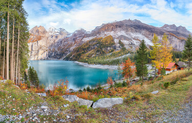 Wall Mural - fabulous autumn view of oeschinensee lake.