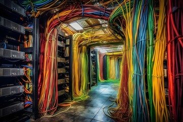 Poster - A server room filled with exposed wiring and a tangle of colored network cables, showing the complex infrastructure behind internet connectivity.