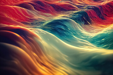 Wall Mural - Multicolored liquid wavy dynamic fluid abstract background. Undulating relief. 3D illustration. Generative AI.