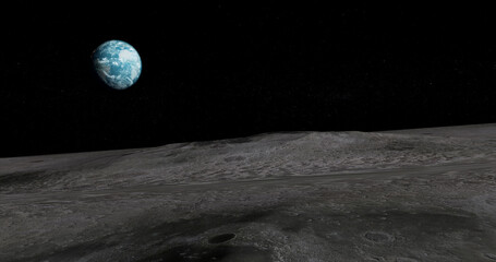 Wall Mural - The surface of the moon and the planet Earth in the distance.