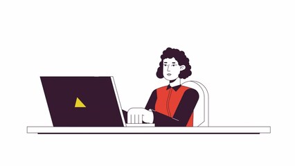 Poster - Woman working at office animation. Animated cartoon typing female employee. Isolated colour flat line 2D character 4K video footage, white background, alpha channel transparency for web design