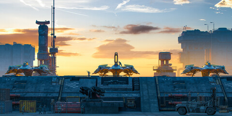 Wall Mural - futuristic airport with three spacecraft ready to take off in a yellow sunset, with workers no real 
