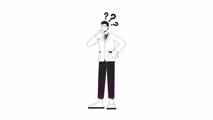 Fototapete - Brainstorming employee bw animation. Animated character thinking man question marks. Monochrome 2D flat outline cartoon 4K video, white background, alpha channel transparency for web design