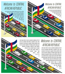 Isometric flag of Central African Republic on flagpole fluttering in wind. Crossing of CAR country border by car travels