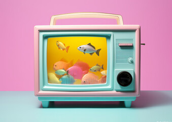 An old retro TV with an aquarium inside, reminiscent of the 80s style. Generative AI