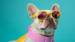 Pug dog is wearing pink and yellow sunglasses in style of eye-catching resin jewelry. Generative AI