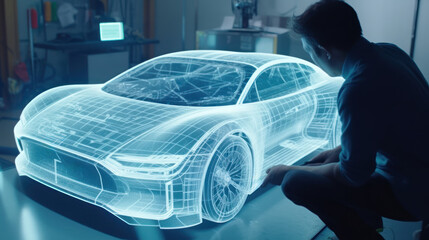 Poster - Car model hologram with a man in the background. Generative AI