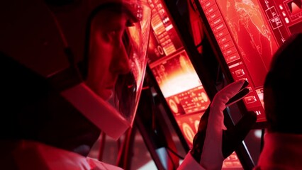 Wall Mural - Astronaut in a space suits aboard the Mars station. Cosmonauts piloting the spaceship in space. Galactic travel and science.