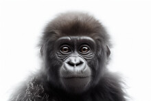 In A World Of Simplicity And Beauty, A Baby Gorilla Steals The Spotlight On A White Background, Embraced By The Enchanting Studio Light. Generative AI.