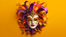 Venetian Carnival Mask On Yellow Background Created With Generative AI