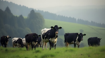 cows grazing in a field with morning view created with Generative AI