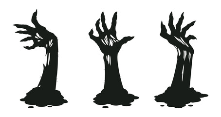 Wall Mural - Bony zombie arms. Halloween creepy hands sticking out of ground. Spooky monsters scrawny hands silhouettes flat cartoon vector illustration set