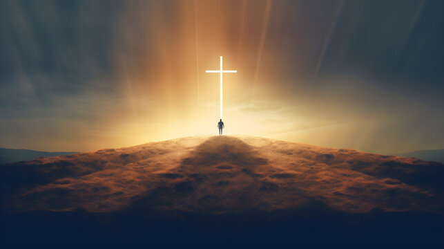 The light Christian cross sun ray with a man on the top of mountain created with Generative AI