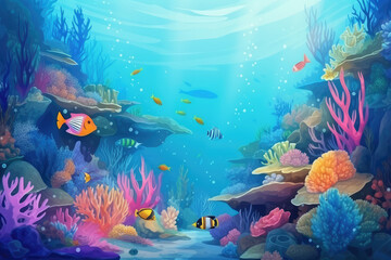 Tropical sea underwater fishes on coral reef. Aquarium oceanarium wildlife colorful marine panorama landscape nature snorkeling diving