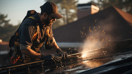 Poster - Roofer worker in protective uniform wear and gloves, Installing asphalt shingle on top of the new roof house.