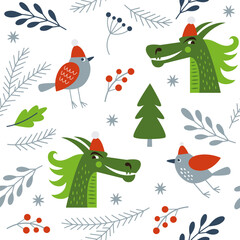 Wall Mural - Seamless new years pattern with dragons and birds