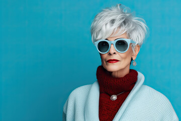 Portrait of mature senior woman in hipster outfit on color background