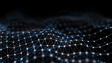 Fototapete - Network of bright connected dots and lines. Abstract dynamic wave of many points. Digital background. 3D rendering.