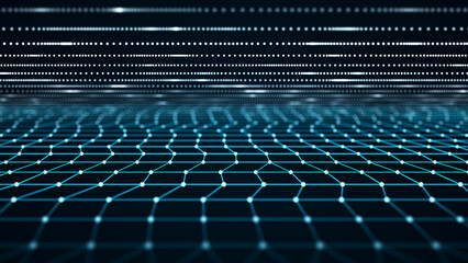 Fototapete - Network of bright connected dots and lines. Abstract dynamic wave of many points. Digital background. 3D rendering.