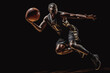 © VisualProduction - african american basketball player shooting a basketball into the hoop, very athletic looking, in jumping. Generative AI