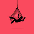 Man caught in a net trap and hung up. Vector illustration depicts concept of trap, tangled, problem, helpless, restrained, tricked, crisis, and entangled.