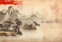 Chinese Lake Landscape Painting In Exotic Vintage Background Style. Generative AI