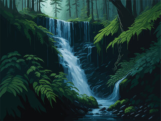 Wall Mural - a vector background image inspired by the natural world, showcasing a lush rainforest teeming with diverse flora and fauna, cascading waterfalls, and rays of sunlight piercing through the dense canopy