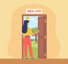 Woman Opens Door To New Life, Takes First Step Into Future. Happy Life, Change Mind, Personal Growth And Path To Success And Freedom. Cartoon Flat Isolated Vector Mental Health Concept