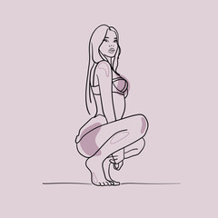 Sticker - Girl in underwear on a pink background. Sex shop design. Female sexuality. Vector illustration in line art style