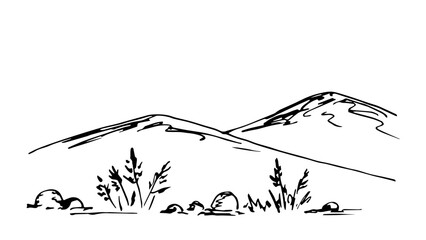 Wall Mural - Simple black outline vector drawing. Desert area, mountain landscape, bushes of dry grass, stones. Wild nature. Ink sketch.